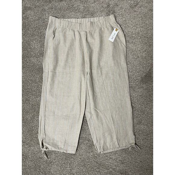 NWT Land'n Sea Linen Coastal Beachy Elastic Waist Pocket Striped Capri Cream L - Picture 1 of 10